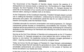 MESSAGE OF CONDOLENCES BY THE GOVERNMENT OF THE REPUBLIC OF NAMIBIA ON THE PASSING OF HIS EXCELLENCY DR. HAGE GOTTFRIED GEINGOB